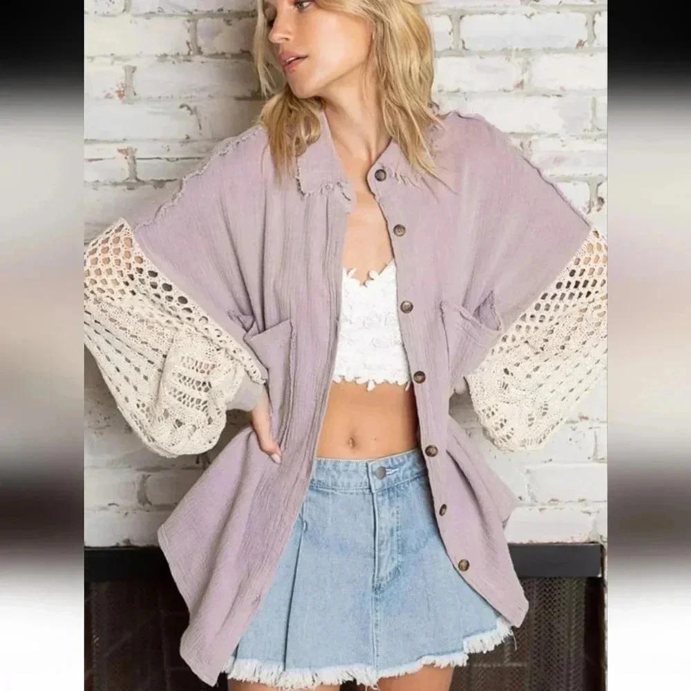 POL Oversized Button Down Crochet Sweater Sleeve Gauze Shacket Purple New - Picture 2 of 5
